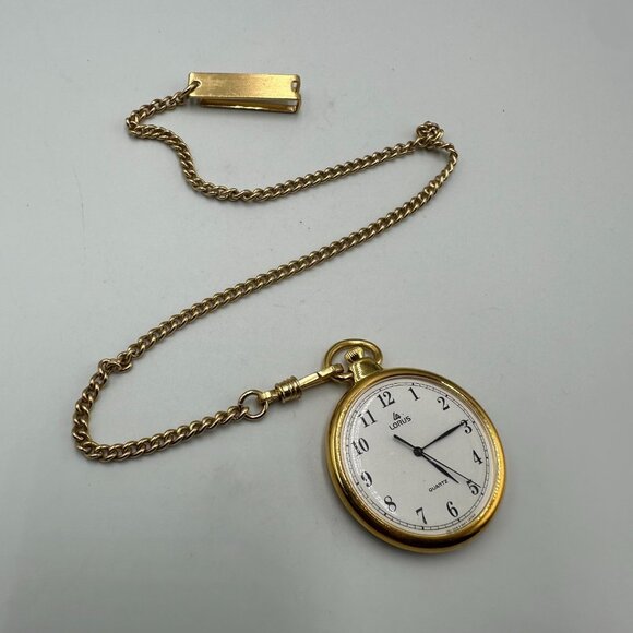Vintage Lorus Pocket Watch Men Gold Tone With Chain 36MM Open Face New Battery - Picture 6 of 9
